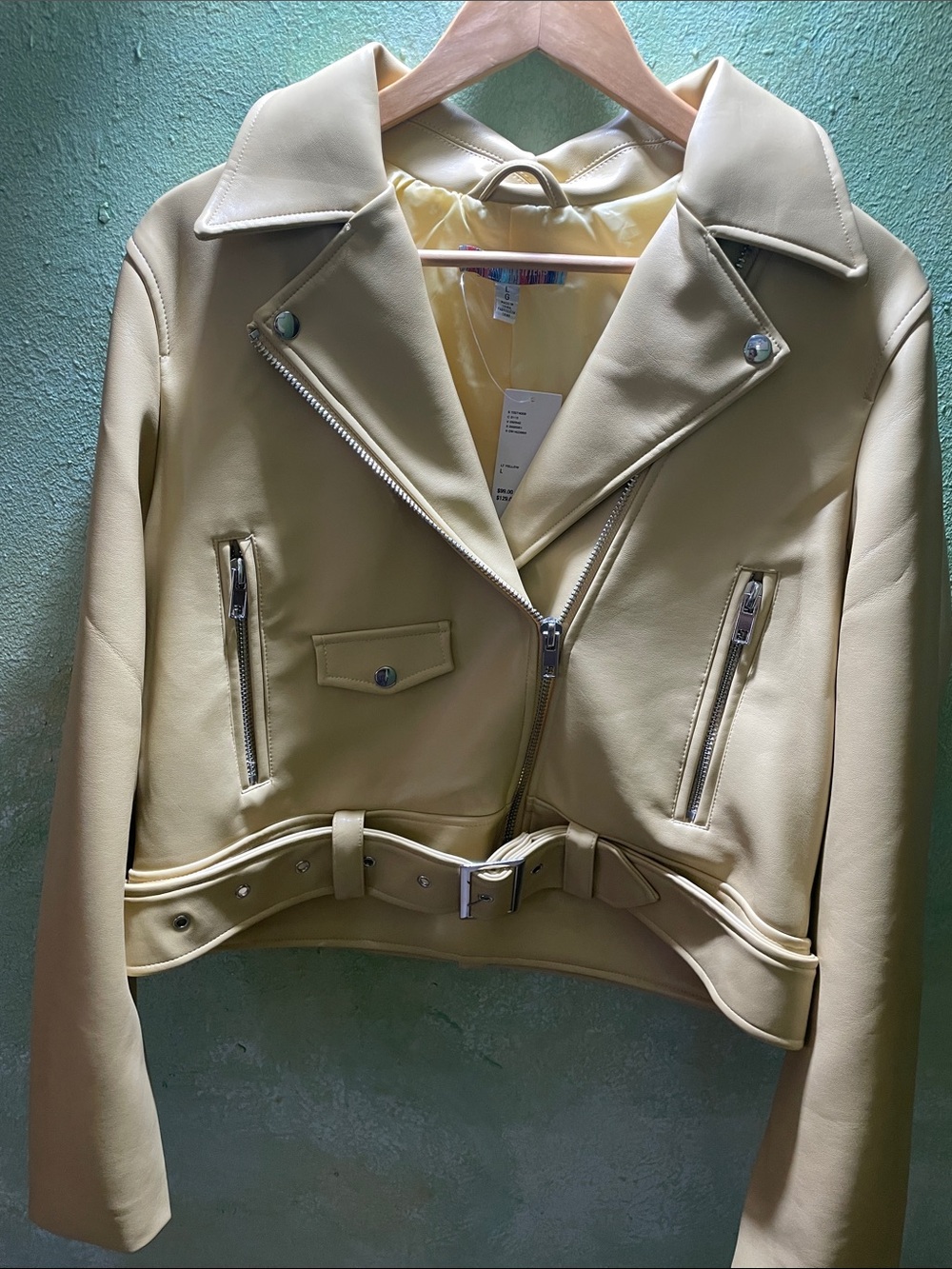 Urban Outfitters Pale Yellow Cropped Faux Leather Biker Jacket